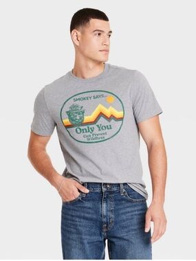 New! Men's Short Sleeve Graphic T-Shirt Smokey the Bear Gray XL: Relaxed Fit